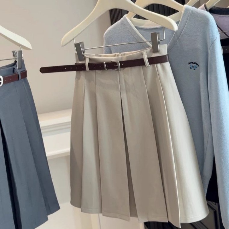 Jupe midi plissée taille haute pour femme avec ceinture, style preppy, jupe décontractée