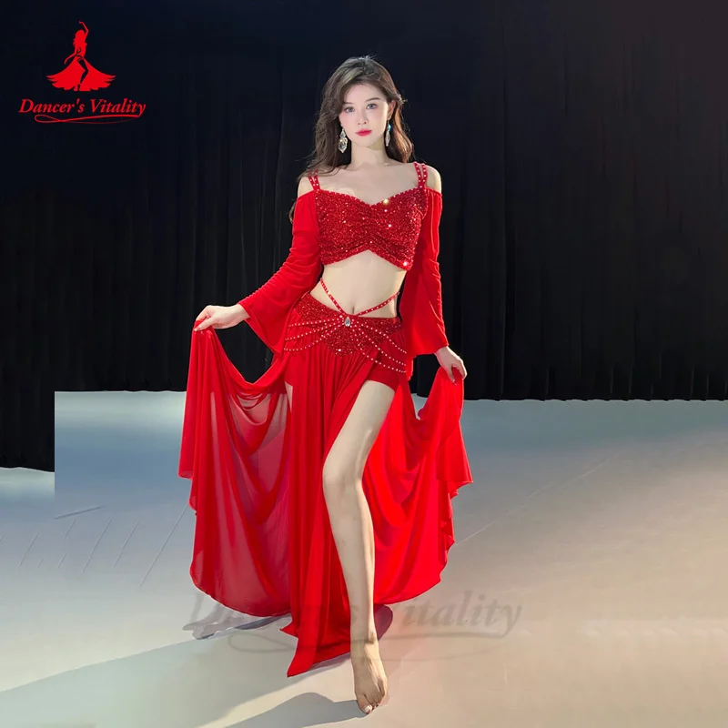 Ensemble de costumes de danse du ventre pour femmes, haut à manches longues en maille + jupe longue en gaze, ensemble d'entraînement 2 pièces, tenue de danse du ventre orientale