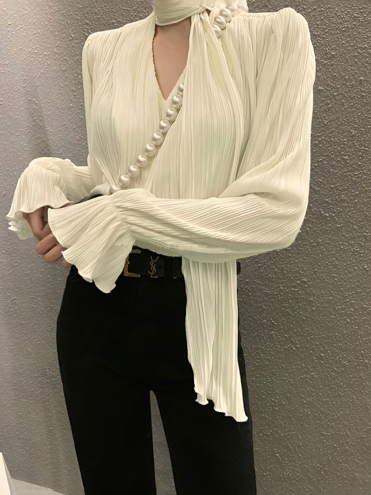 Chemisier plissé à manches longues pour femme, haut basique à col en V à volants, élégant, décontracté, surdimensionné, vêtements de bureau pour femme, cravates de luxe, coréen, chic