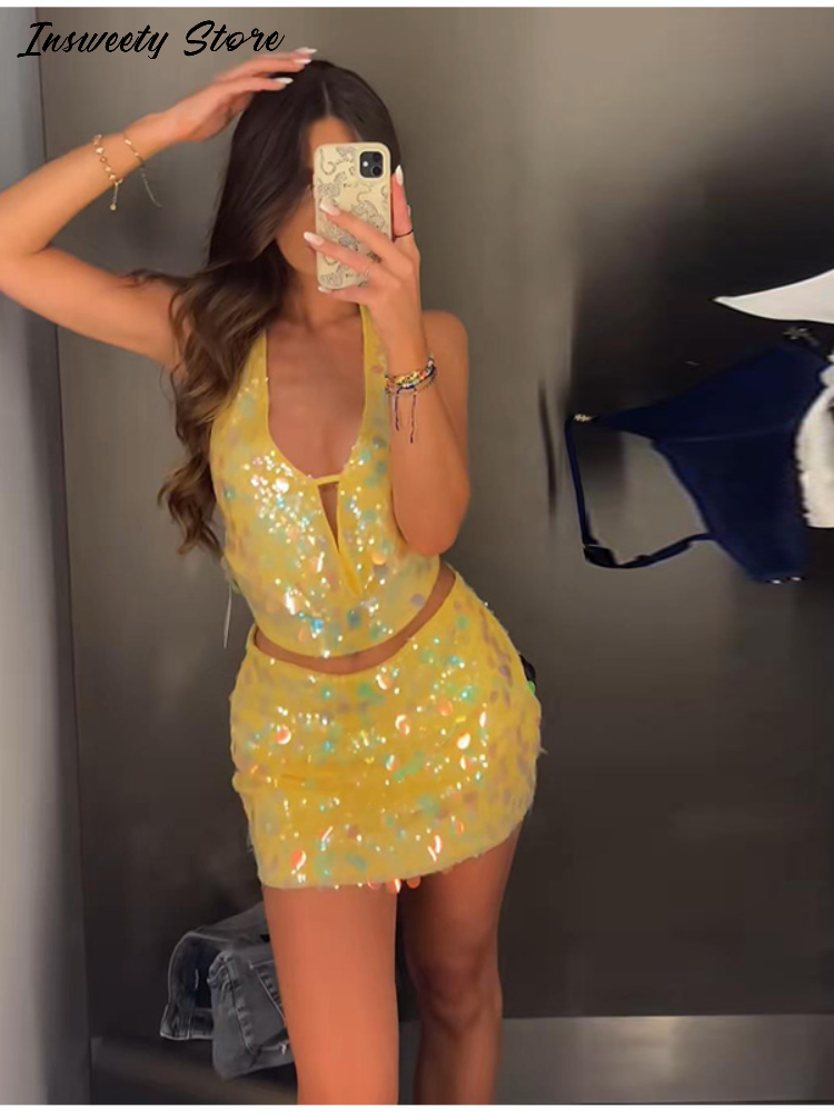 Ensemble deux pièces sexy à sequins pour femme : haut court dos nu à lacets et mini-jupe – Nouvelle collection 2026 pour les vacances à la plage