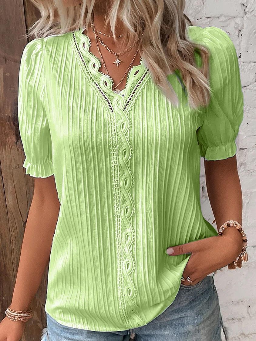 Chemisier élégant à manches courtes pour femme, chemise col en V, patchwork de dentelle, été
