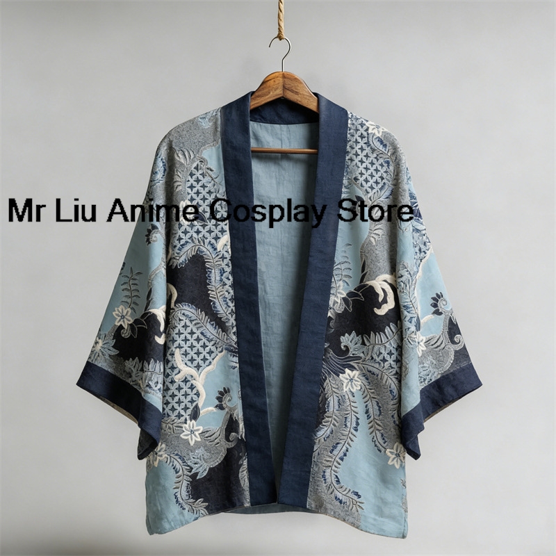 Cardigan Kimono Japonais Traditionnel 3D Yukata Haori Vintage Imprimé à Demi-Manches Costume de Cosplay Samouraï Chemise Ample pour Homme