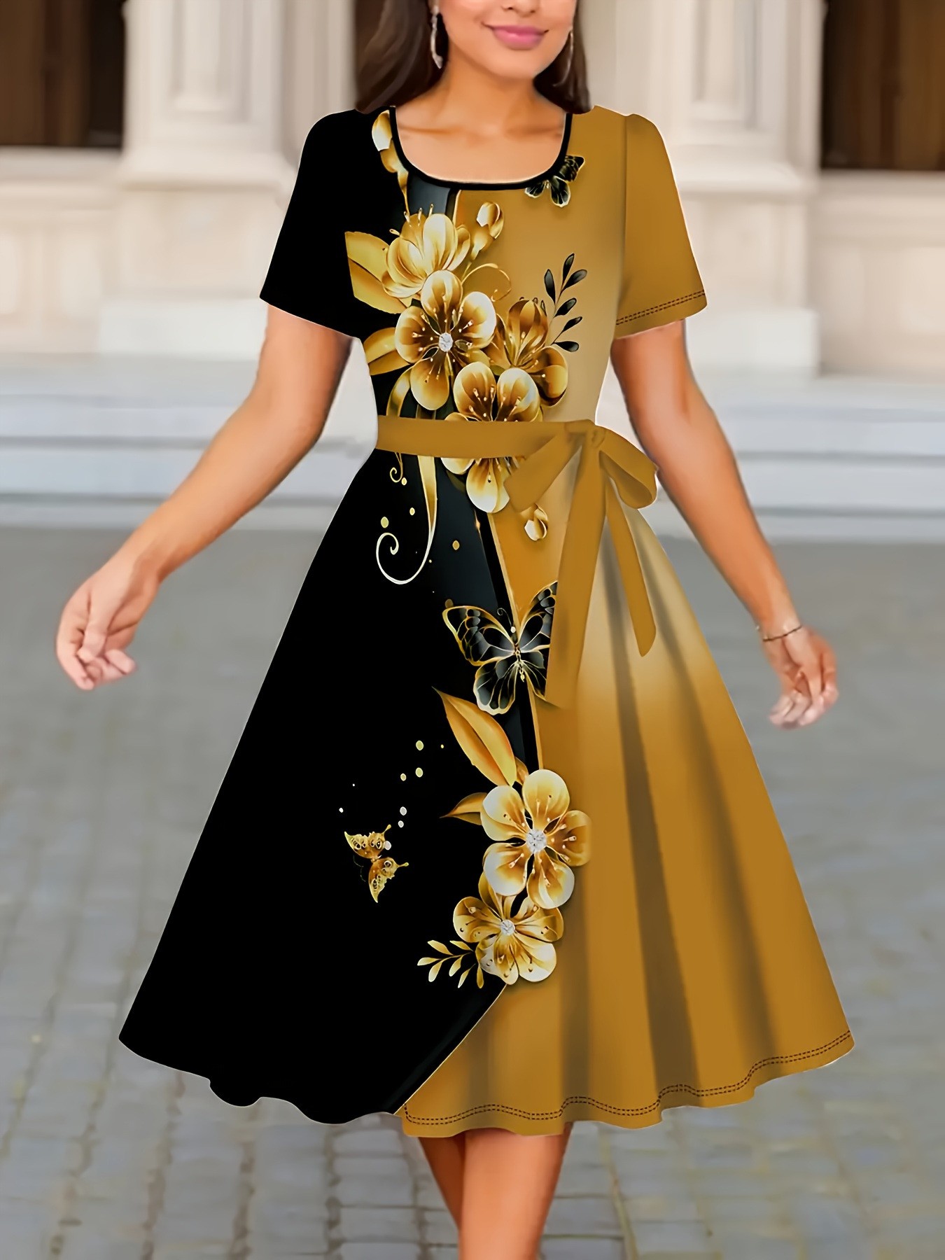 Robe mi-longue décontractée pour femme, imprimé floral, col rond, manches courtes, taille nouée, noire et blanche, élégante pour les fêtes