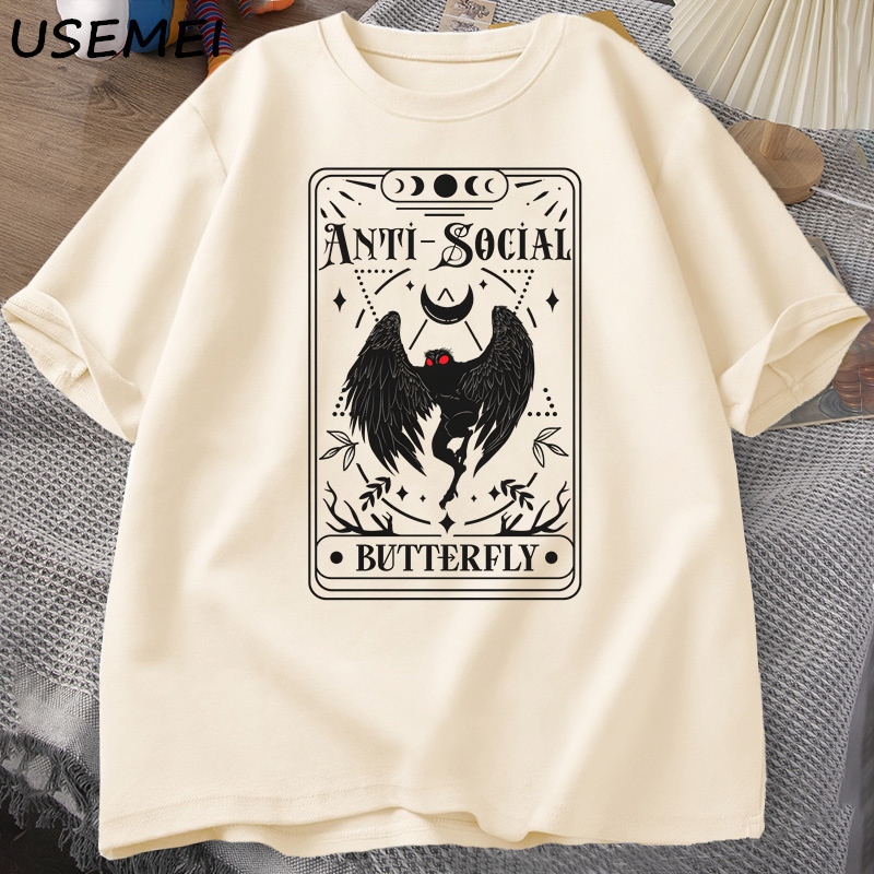 T-shirt manches courtes col rond homme, streetwear décontracté, vintage, en coton, avec carte de tarot papillon imprimé, Mothman