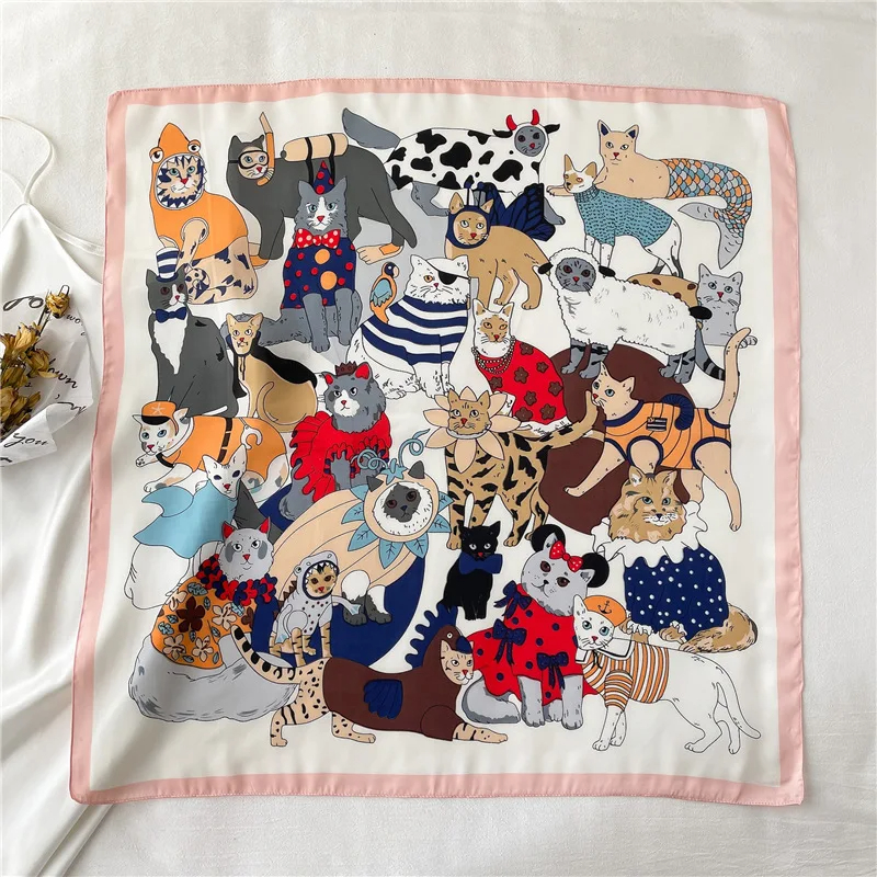 Foulard carré en soie Imitation chat de dessin animé pour femmes, foulard multifonction, nouvelle collection printemps et été 2026