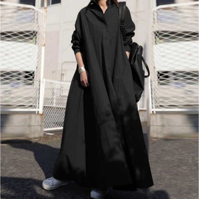 Autumn Spring Women Loose Long Sleeve Dress Cotton Linen Retro Ethnic Big Swing Muslim Abaya Elegant Eid Kaftan Plus Size S-5XL