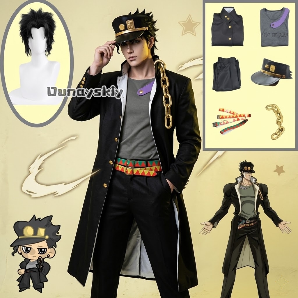 LWW28*Anime Tenue Noire Uniforme Cosplay Jotaro Kujo Costume Fête d'Halloween Pour Hommes Vêtements Trench-coat Noir Pantalon Chapeau ﻿