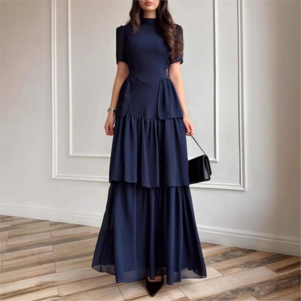 Robes Élégantes 2026 pour Femme – Robe de Soirée, Mariage, Cérémonie – Style Rétro, Manches Courtes, Plissée, Couleur Unie, Coupe Ajustée Chic