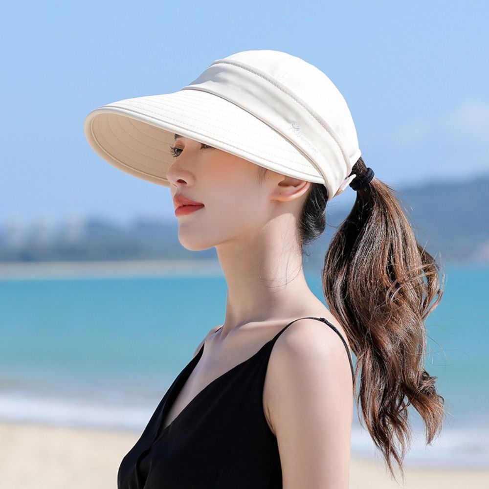 Chapeau de soleil décontracté à large bord pour femme, pliable et détachable, avec ouverture pour queue de cheval, réglable, protection UV, idéal pour la plage