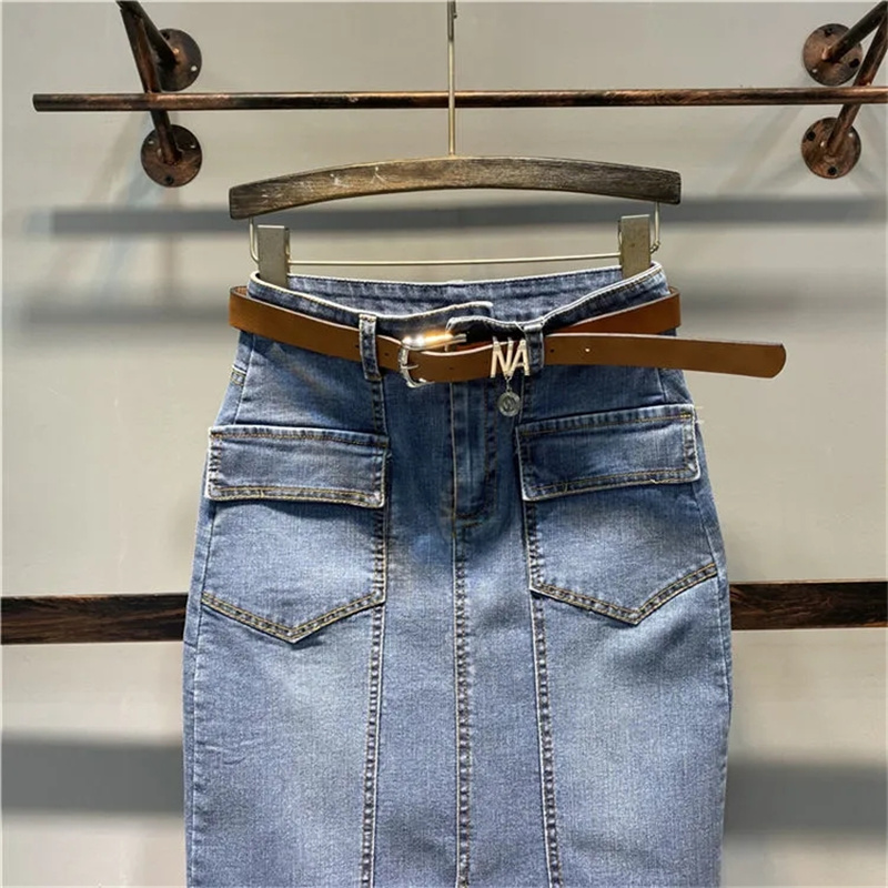 Jupe en jean taille haute élastique mi-longue moulante pour femme, nouvelle mode printemps-été 2026, avec fente et polyvalente