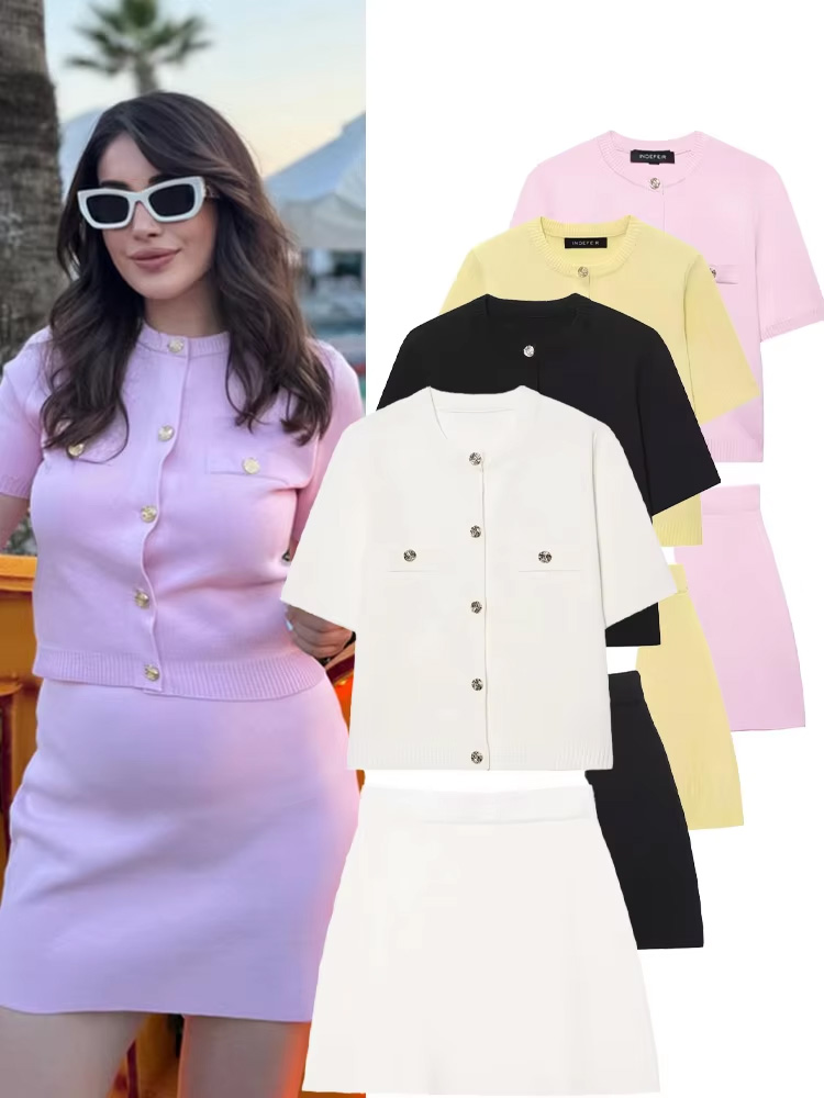 HH – costume élégant pour femmes, col rond, simple boutonnage, avec poche à manches courtes, haut tricoté + Mini jupe à taille élastique