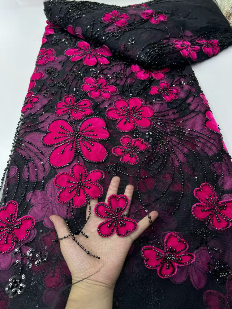 Robe de mariée française en dentelle à fleurs 3D, tissu africain nigérian en dentelle brodée de paillettes perlées pour fête de mariage A1080