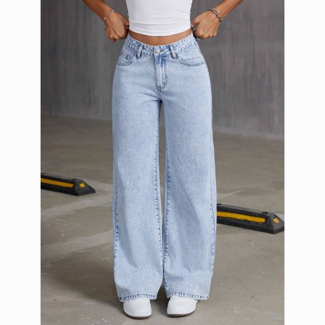 Jean droit taille haute couleur unie pour femme, coupe ample avec poches, idéal pour le quotidien et les tenues décontractées