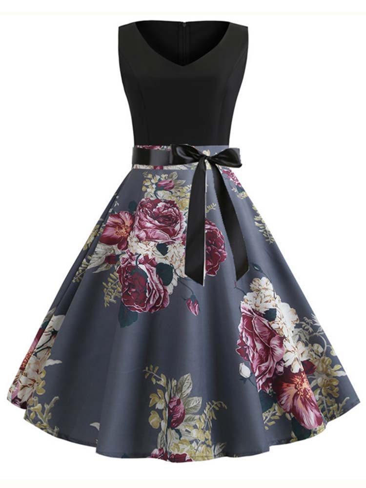 Robes vintage pour femmes, imprimé floral, robe de soirée noire élégante, robe rétro sans manches, sexy, grande taille, robe d'été