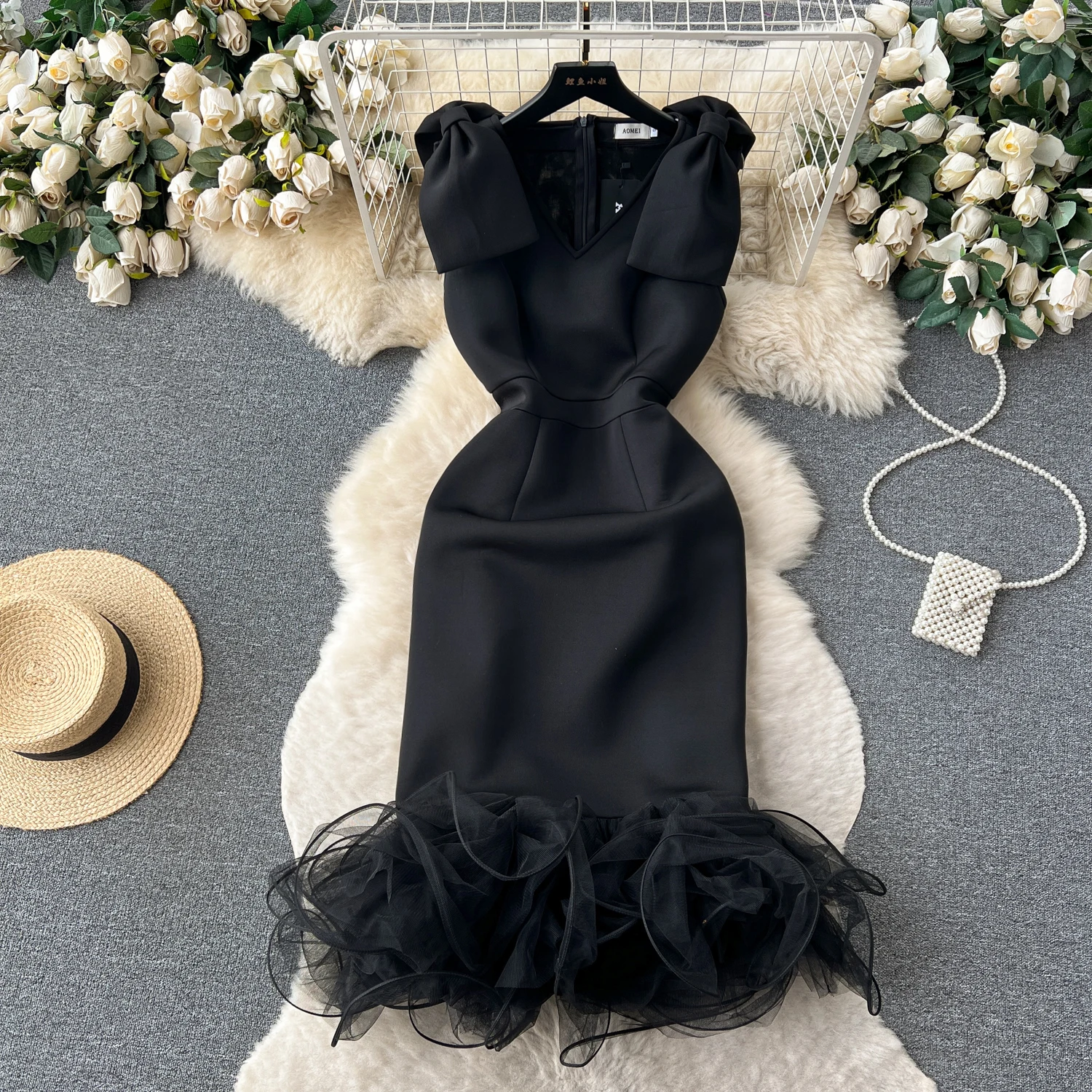 Robe de soirée en maille patchwork pour femmes, robes noires à volants pour femmes, gaine taille haute, robe sexy pour dames, nœud éducatif, livraison directe