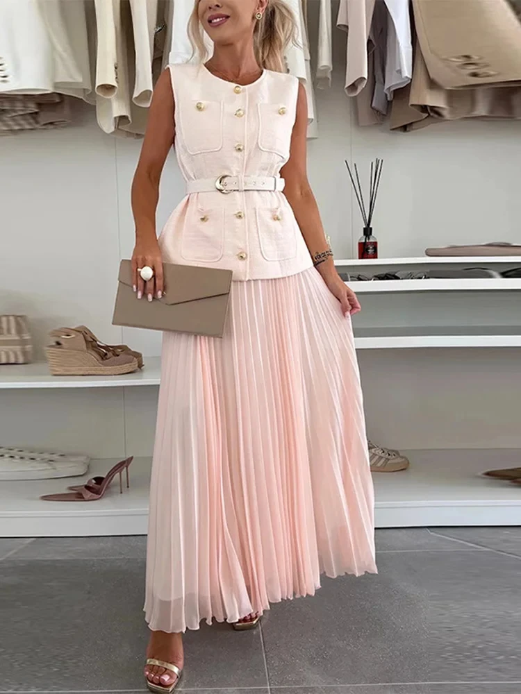 Ensemble gilet et jupe élégante pour femmes, ceinture, sans manches, col rond, simple boutonnage, taille haute, jupe longue plissée, costume Chic pour nouvelle dame