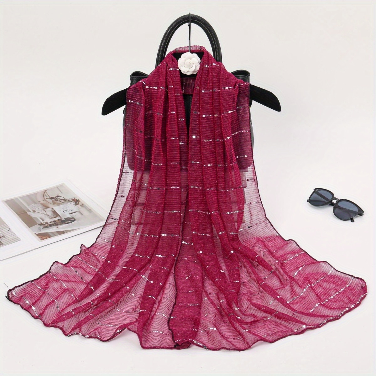 1 pièces printemps et automne femmes haute élasticité sequin chaîne écharpe, mèche soie longue écharpe, écharpe indienne, écharpe en soie coulissante