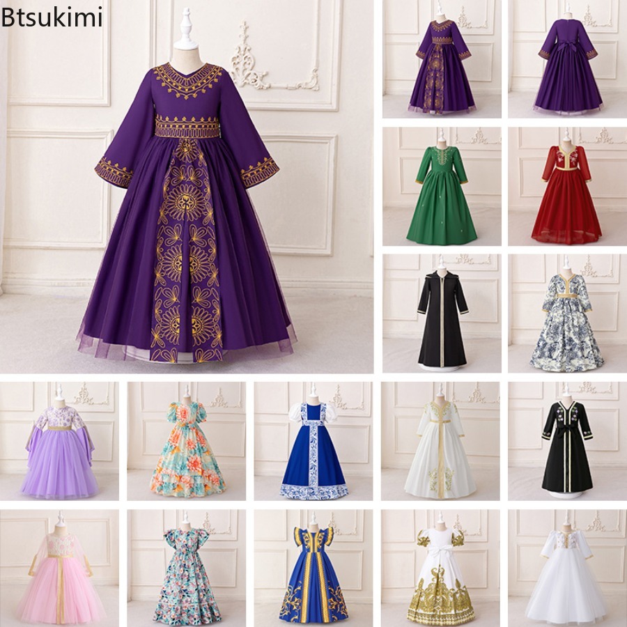 Robes pour filles de Dubaï du Moyen-Orient, mode musulmane, broderie Abayas, dentelle arabe, paillettes, manches longues, robes pour enfants, robes du Ramadan