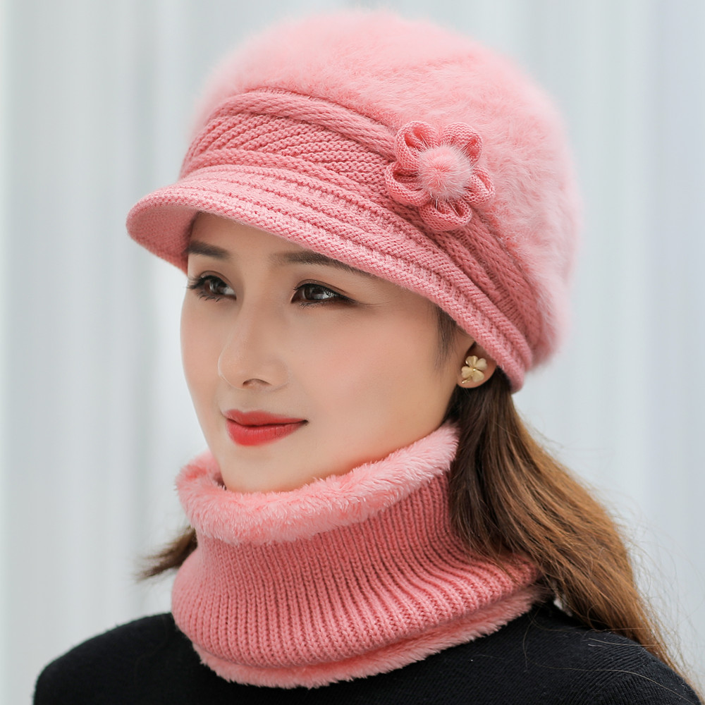 Nouvelles femmes chapeau d'hiver garder au chaud casquette ajouter du chapeau doublé de fourrure et écharpe ensemble chaud chapeau de mode pour les femmes décontracté fausse fourrure fleur tricoté chapeau