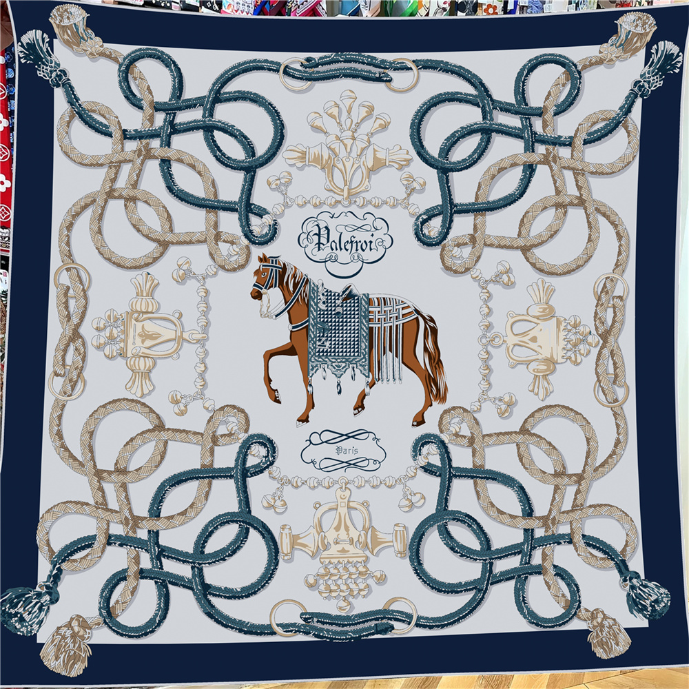 Foulard carré 135 cm en 30 % soie et 70 % cachemire pour femme, imprimé chaînes de chevaux, bords roulés à la main, grands hijabs, bandanas, écharpes et foulards féminins
