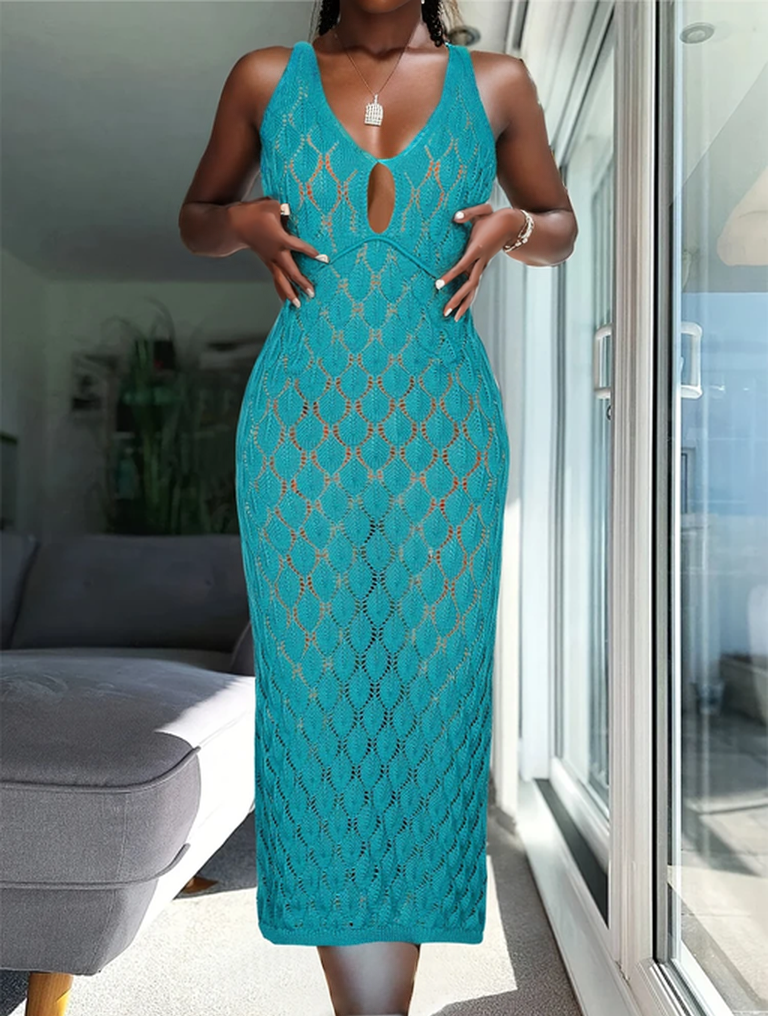 Robe de plage d'été, couleur unie, ajourée, tricotée, col licou, sans manches, avec cravate à pampilles