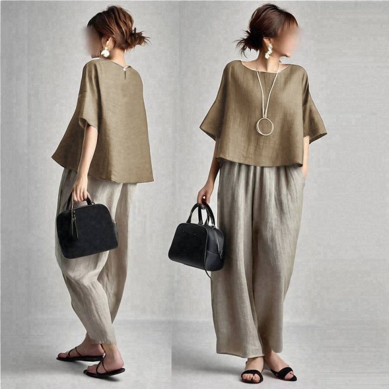 Ensemble deux pièces pour femme, haut à manches courtes col rond et pantalon large à taille élastique, coupe décontractée, couleur unie, été 2026