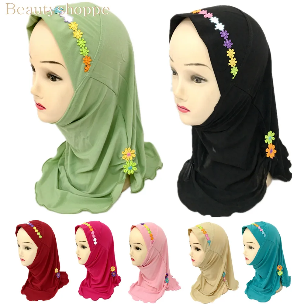 Hijab musulman pour filles, écharpe arabe islamique, châles pour enfants, motif de fleurs