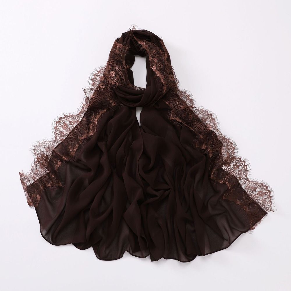 Élégant foulard en soie uni, long et doux, châle de protection solaire avec bordure en dentelle, respirant, pour le Ramadan, couvre-chef pour femme