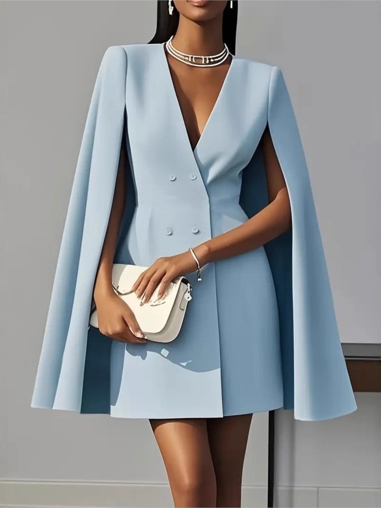 Robe de costume élégante à Double boutonnage pour femmes, Cape châle, couleur unie, mode automne, noir, décolleté en V profond, Mini robes