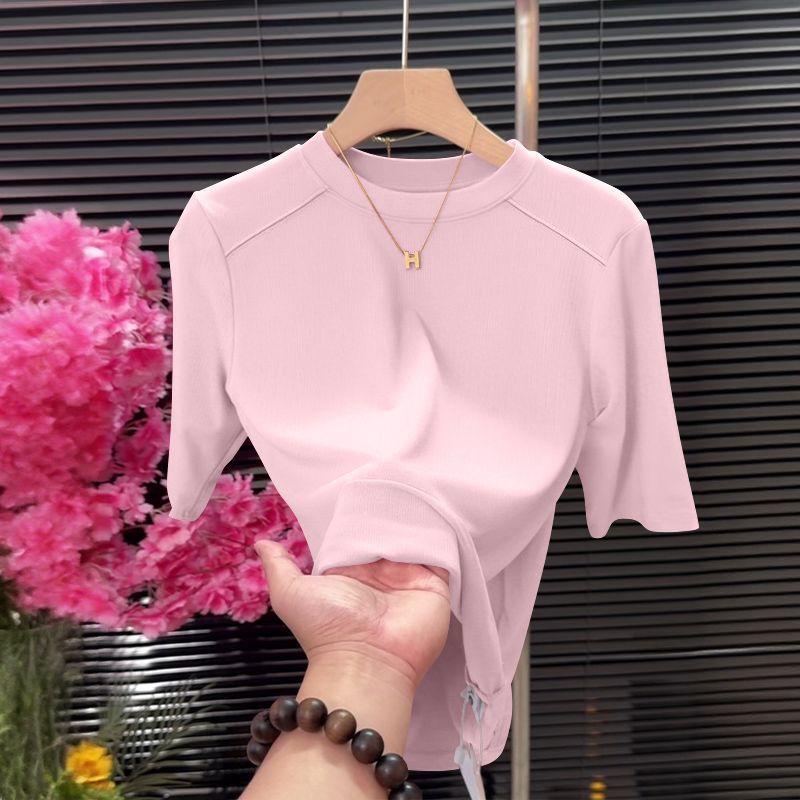 Haut à manches mi-longues pour femmes de style coréen, chemise basique tendance et polyvalente, coupe ajustée, col semi-haut, t-shirt à manches courtes, vêtements