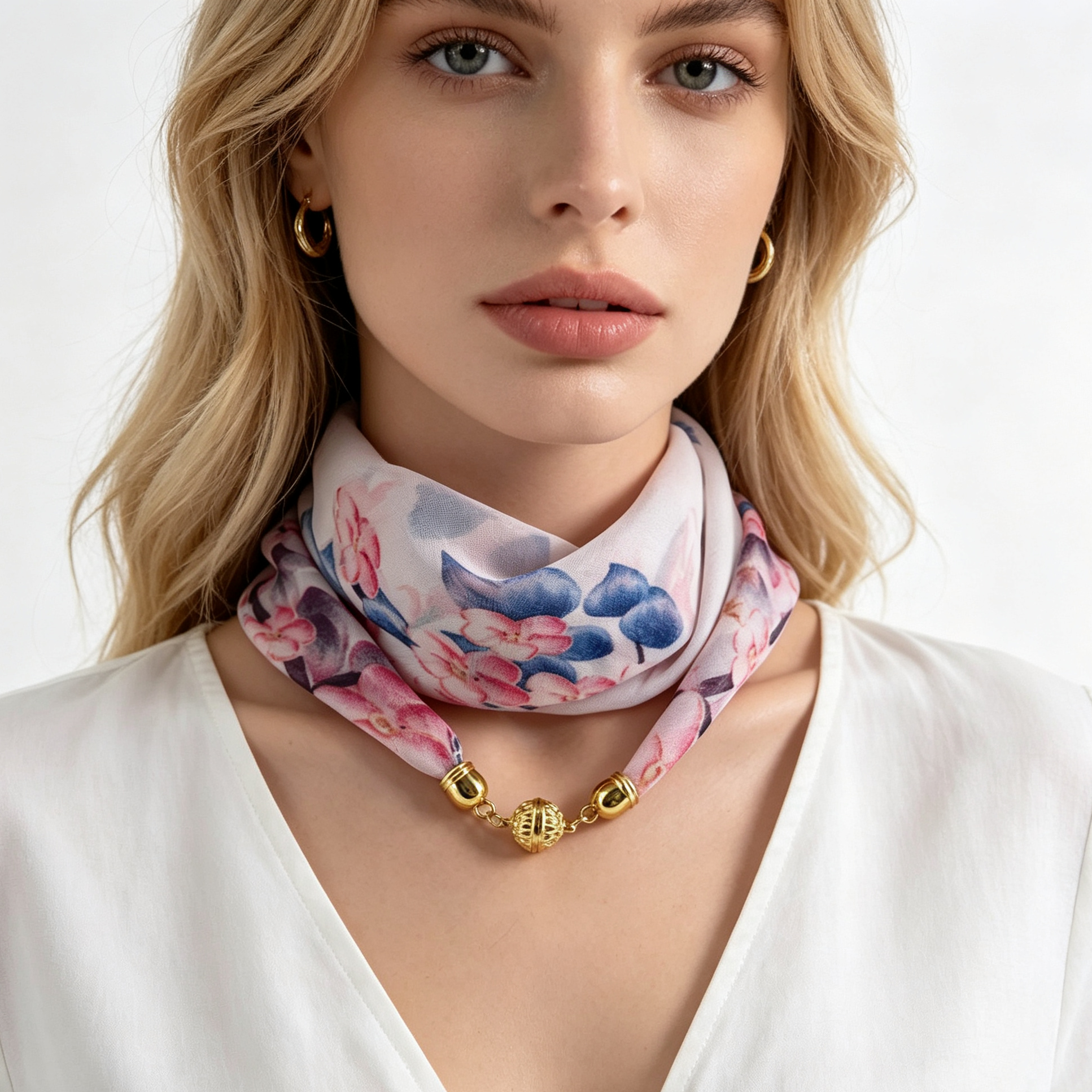 Écharpe de cou à imprimé floral avec boucle magnétique pour femme, écharpe fine semi-transparente en mousseline, facile à porter, tendance et assortie