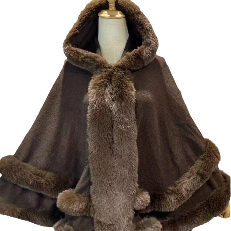 Cape châle extérieure en fausse fourrure de lapin à deux cercles, Poncho Long surdimensionné chaud d'hiver pour femme, pardessus ample avec chapeau