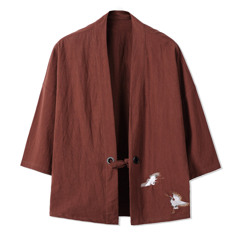 Kimono pour homme avec broderie de grue, style japonais Harajuku, chemise ouverte décontractée, chemise traditionnelle à manches courtes pour homme, coupe ample décontractée