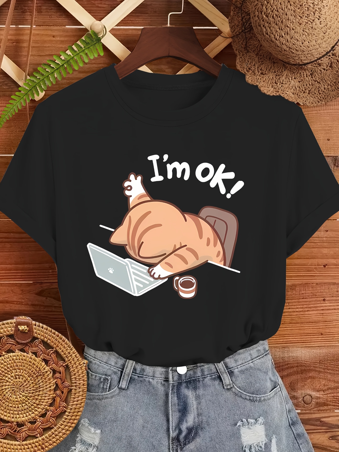 T-shirt à manches courtes et col rond pour femmes, avec image de chat « I'm OK », décontracté, à la mode, Harajuku, Kawaii, vêtements Y2K