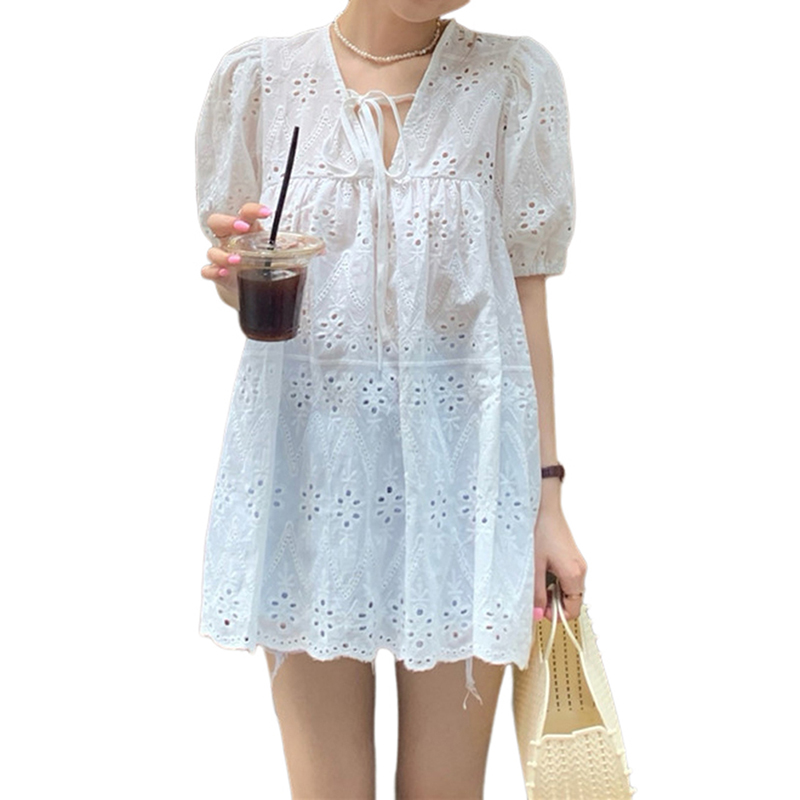 Robe en dentelle à manches bouffantes évidées pour femmes, chemisiers assortis, col en V, mince, monochromatique, simple, décontracté, mode féminine, été