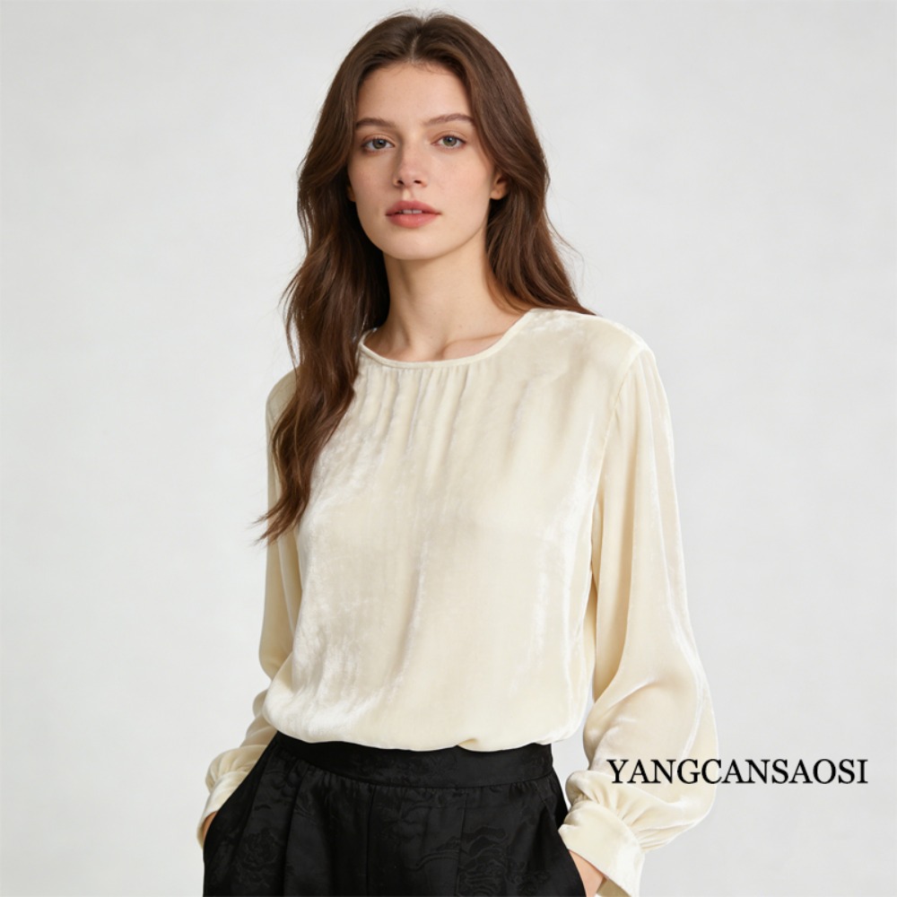 T-shirt à manches longues et col rond pour femme, vêtement polyvalent, en velours de soie de mûrier naturelle, couleur unie, nouvelle collection printemps 2022, 30%