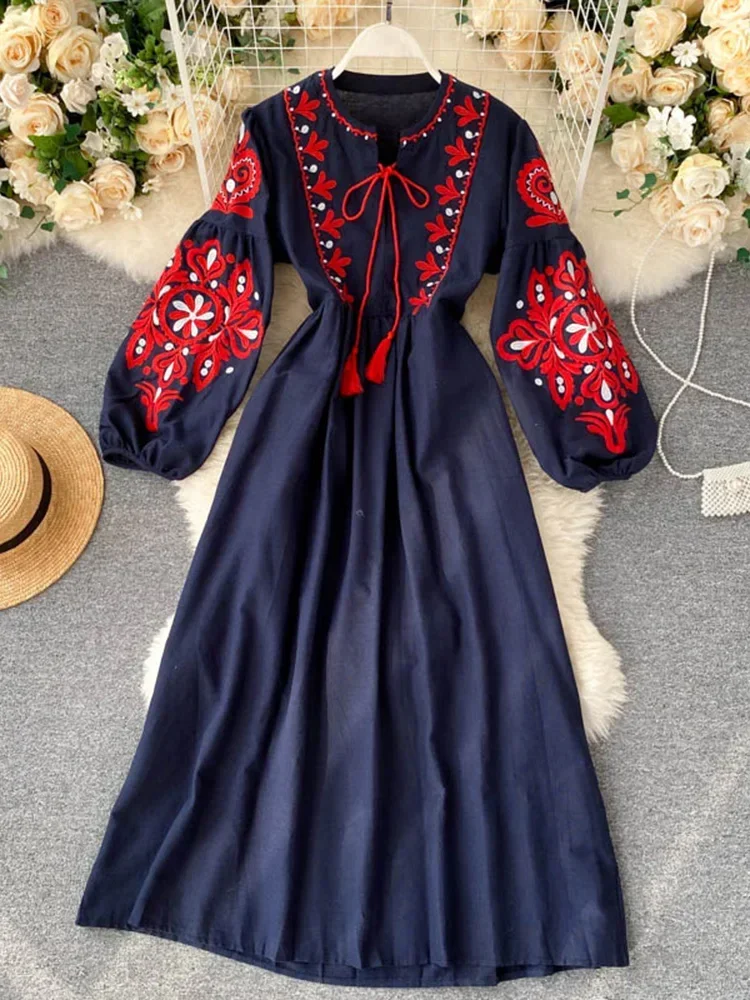 Robe plissée à fleurs brodées bohème pour femmes, col rond, manches lanterne, taille haute, tout match, éducatif, femme, automne, PL393