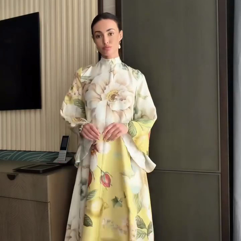 Robe imprimée pour femme, col rond, manches larges, taille haute, longue, style swing, tenue de rendez-vous, mode quotidienne, style 2026