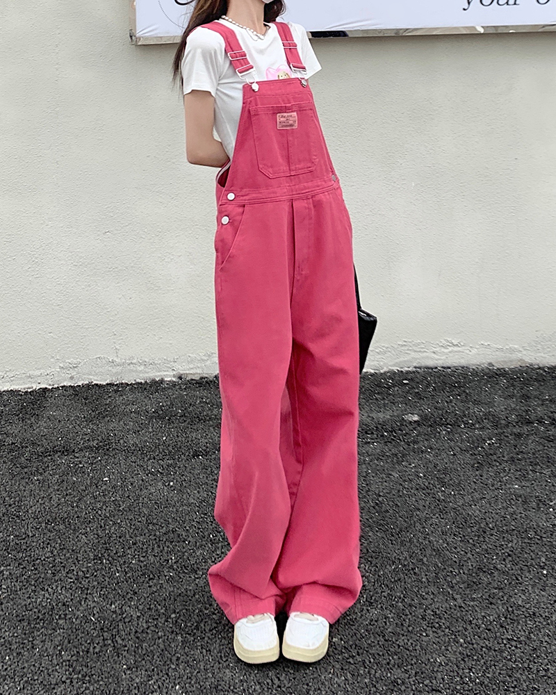 Jeans femmes 2025 été Style lâche filles rose pantalon à jambes larges combinaison coréenne décontracté denim salopette femmes