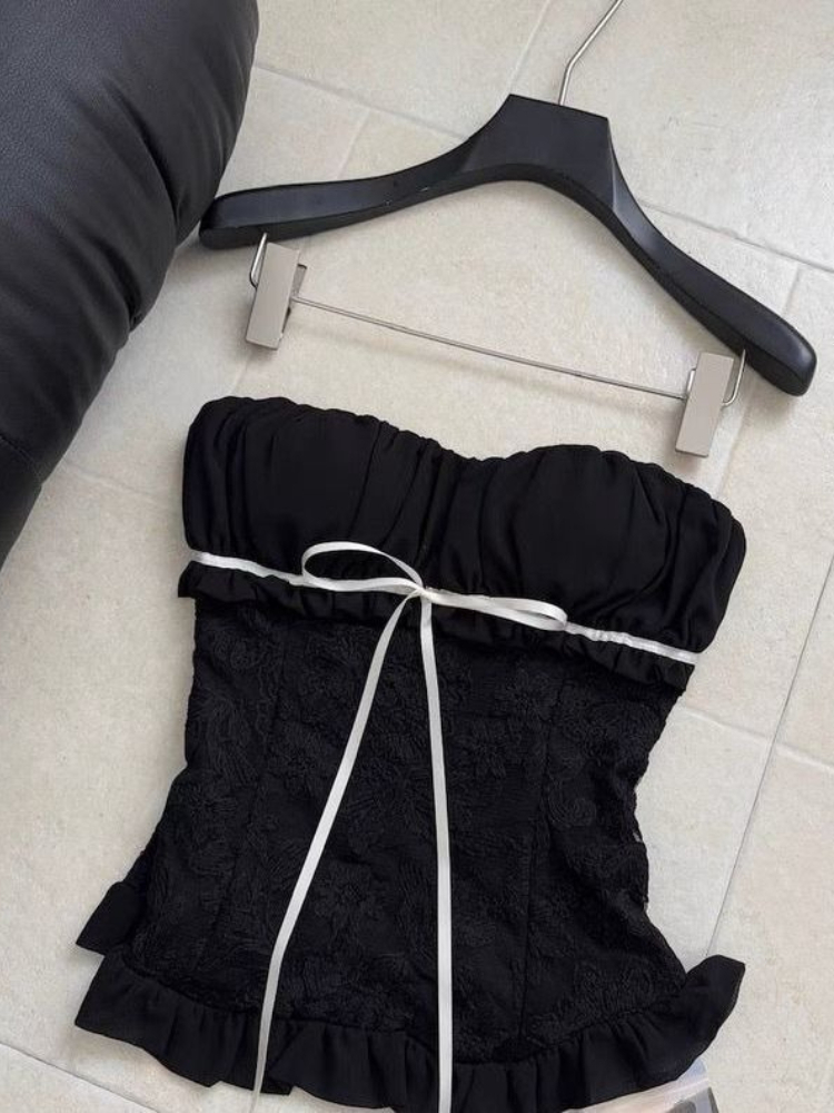 Nouvelle Camisole Femme en Dentelle Style Français, Débardeur Été Y2K Harajuku Tendance, Coupe Slim avec Nœud et Volants, Sans Manches