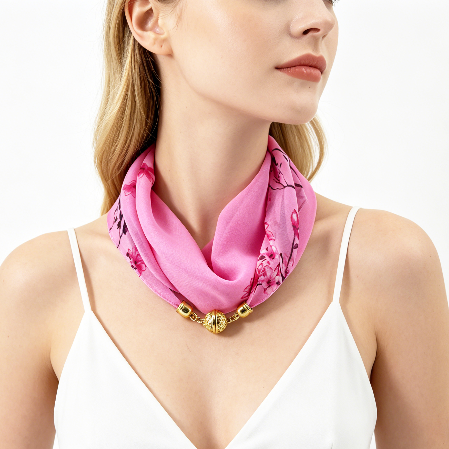 1 pièce Foulard-collier en mousseline imprimé floral blanc et rose pour femme, avec pendentif boule dorée magnétique, accessoire de mode pour le cou