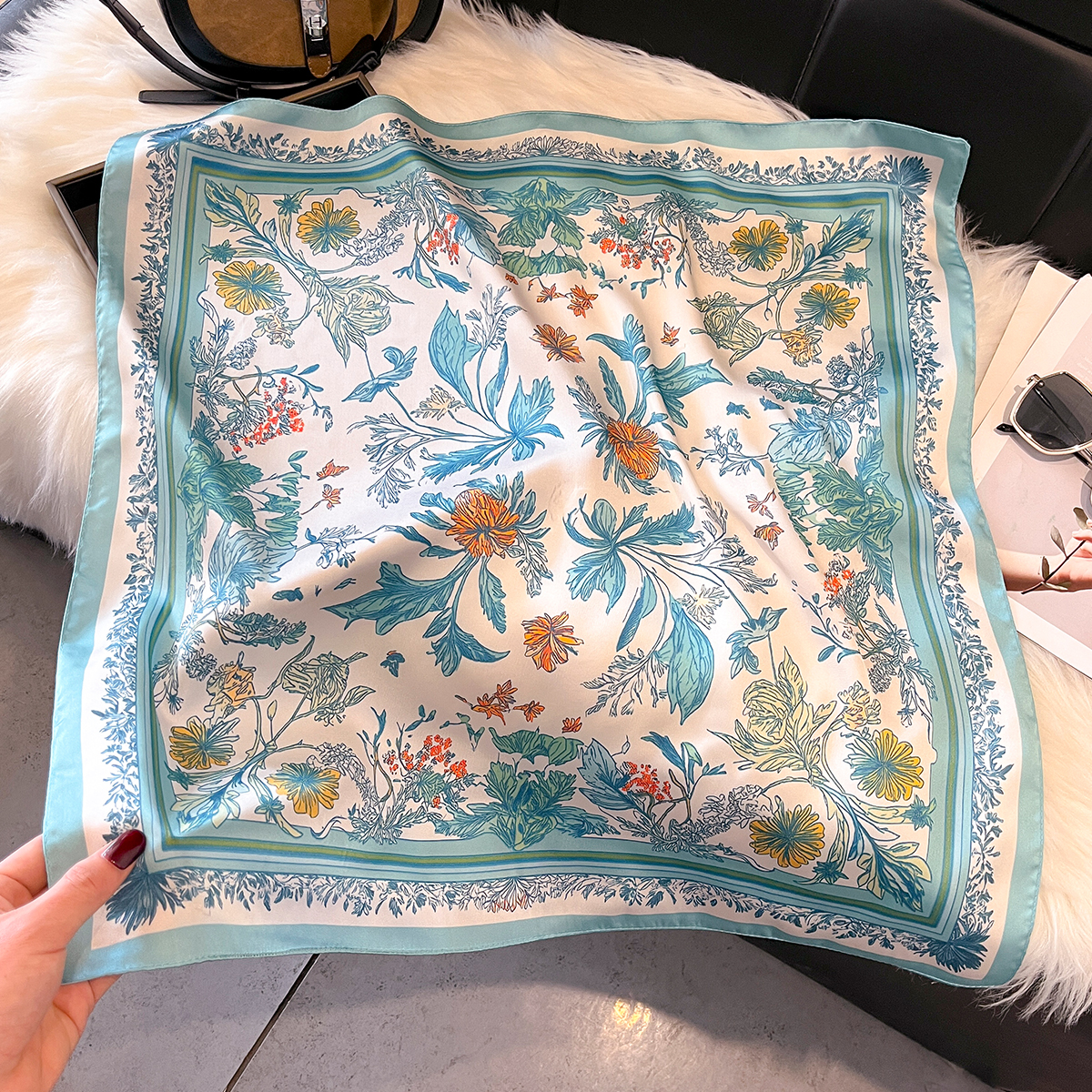 Nouveau Foulard Carré Imprimé Floral 2026 pour Femme – Écharpe en Fibre de Polyester Printemps-Été, Ruban de Sac Tendance, Bandeaux Cheveux, Bandana
