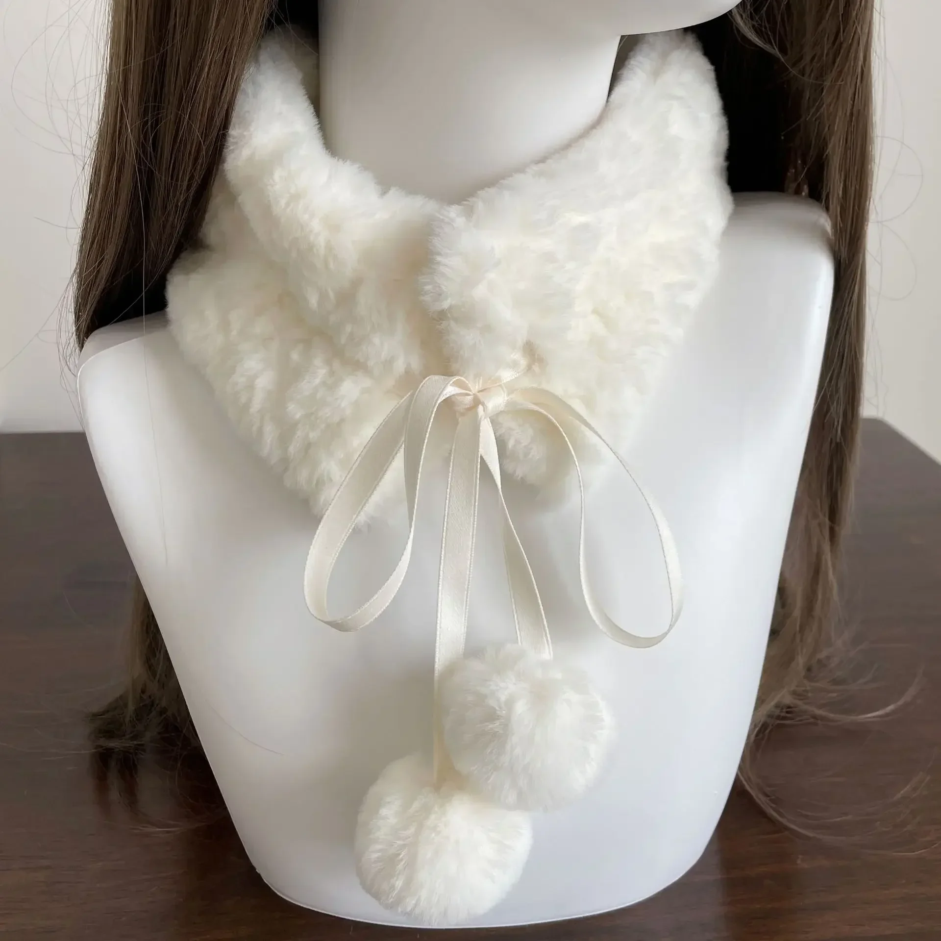 Écharpe de col de cheveux boule de cheveux japonaise Kawaii, épaisse, chaude et mignonne, Imitation fourrure de lapin en peluche, corde à cravate, écharpe Y2k, hiver