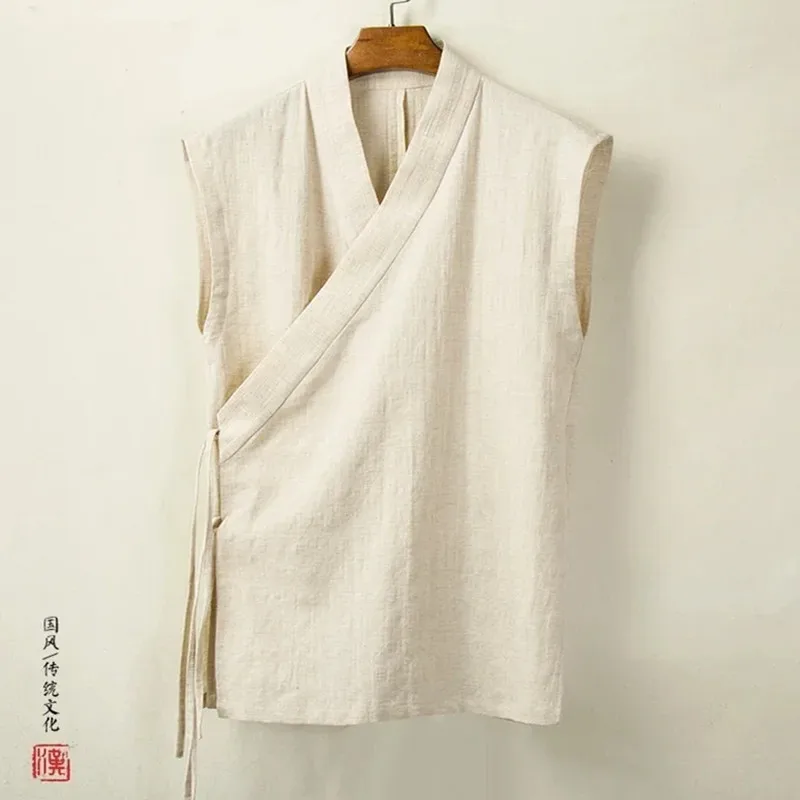 Vêtements traditionnels chinois Hanfu gilet hommes lin coton haut sans manches hommes Tang costume Kimono Cardigan