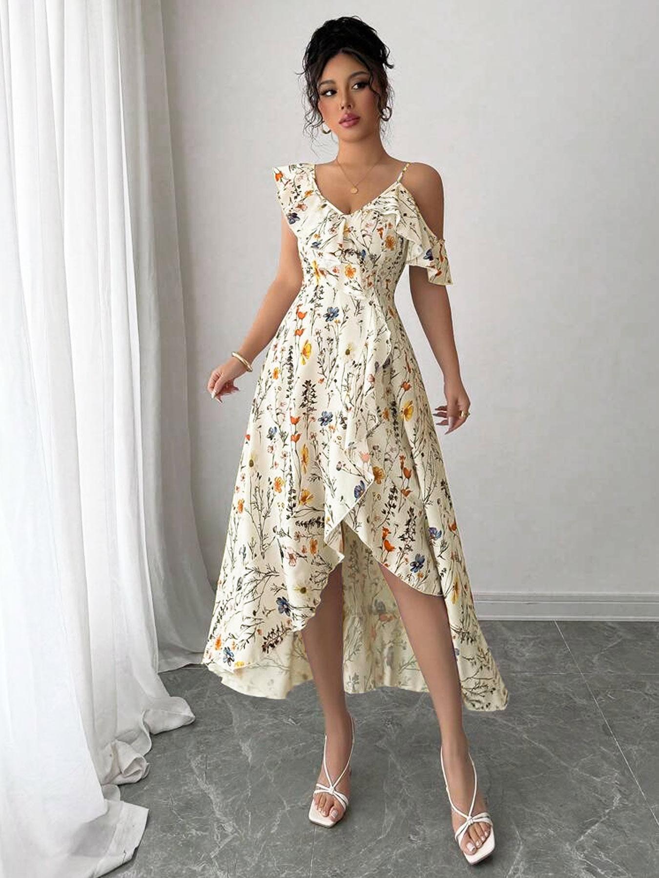Robe à imprimé floral pour femmes, design irrégulier, style ajusté décontracté, parfaite pour les vacances et les rendez-vous, vêtements de mode pour femmes