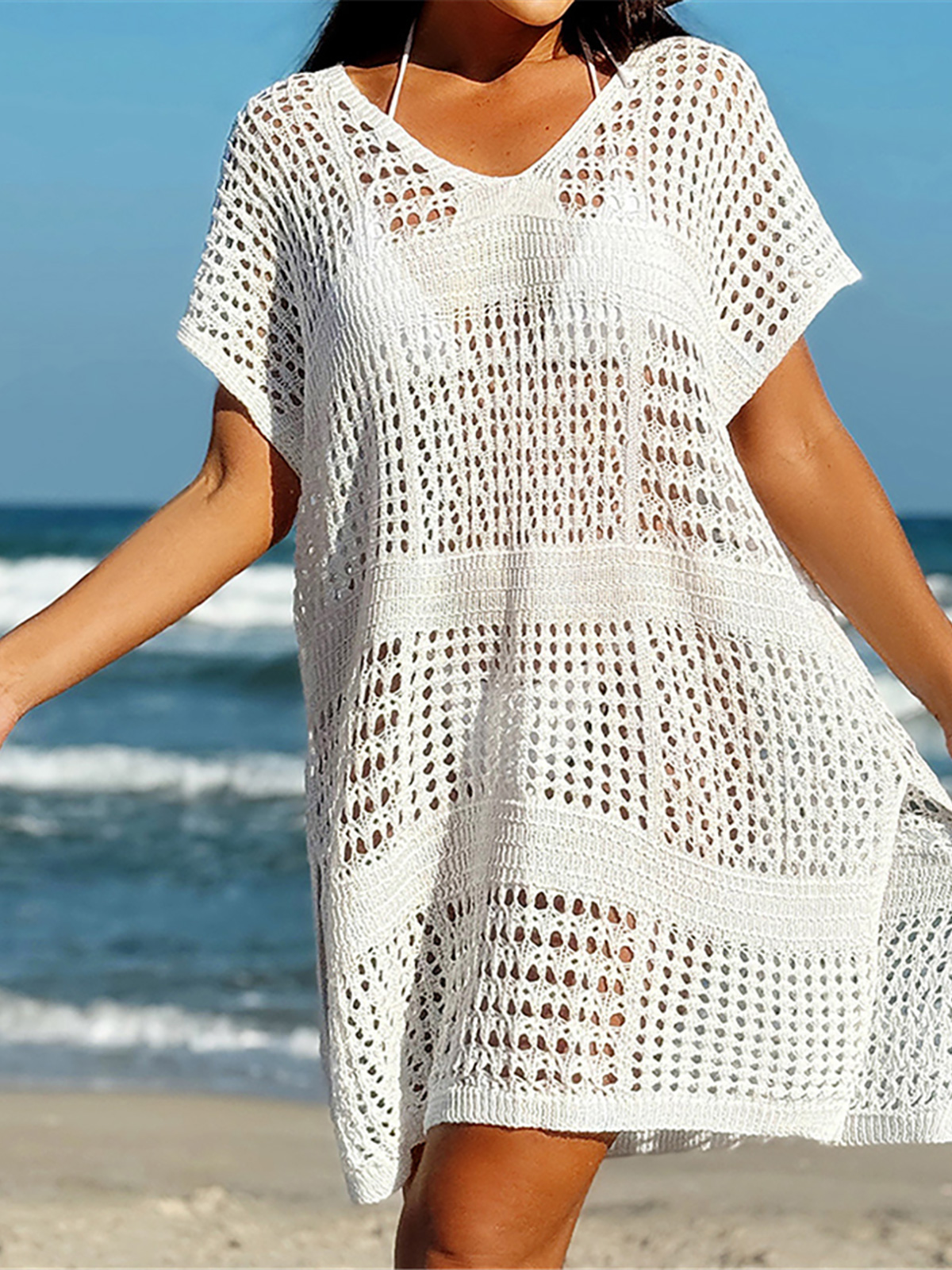 Robe de plage sexy à manches courtes pour femmes, tunique ajourée au crochet, cover-up, vêtements de plage, K5580
