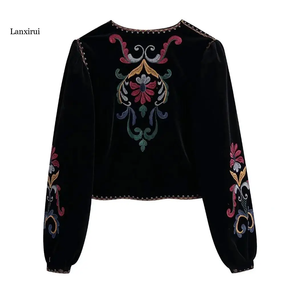 Femmes mode contraste broderie velours culture ouvert Blazer manteau Vintage à manches longues vêtements de dessus pour femmes Chic Veste Femme