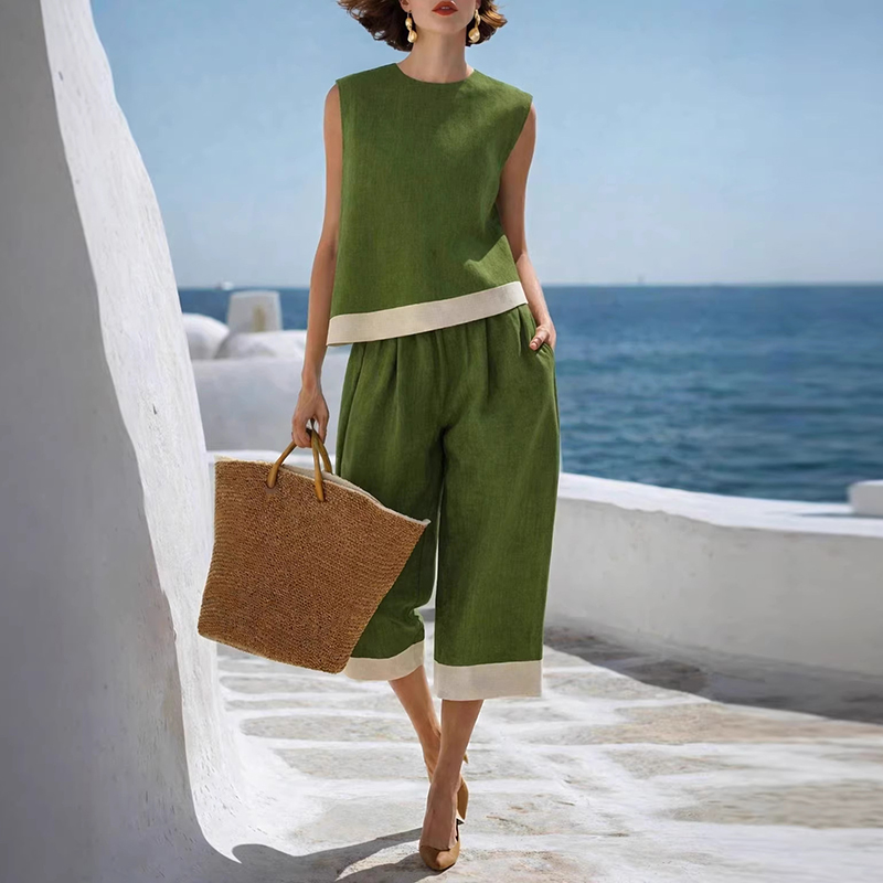 Ensemble décontracté deux pièces pour femme : débardeur sans manches et short patchwork coloré, idéal pour l'été