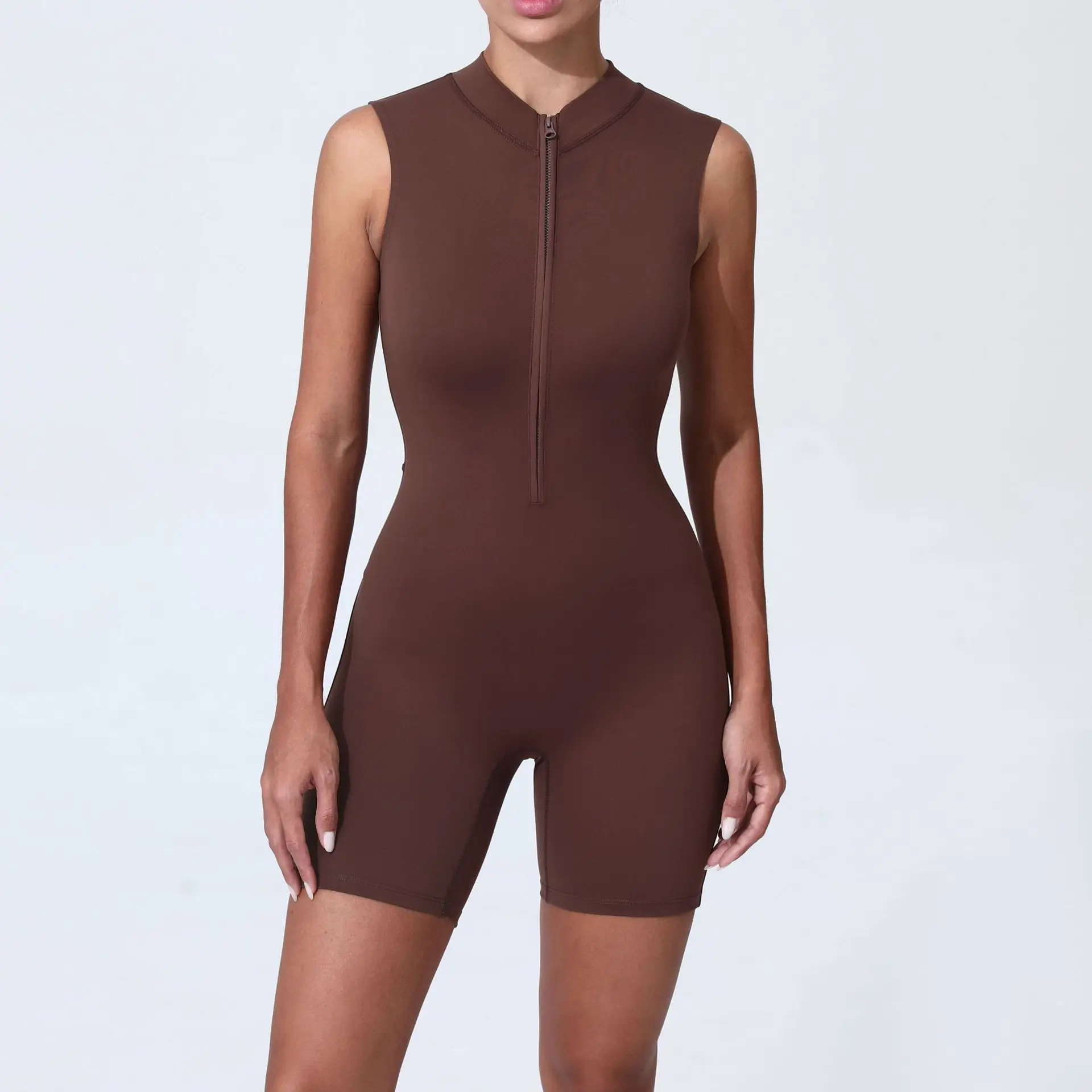 Combinaison de sport sans rembourrage pour femme, avec fermeture éclair, pour le yoga et la gym, ensemble de survêtement 2026, couleurs Café, Bleu marine, Beige, Gris, Rouge