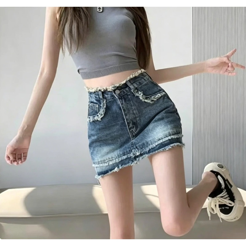 Jupe courte en jean vintage taille haute à ourlet effiloché pour femme, style streetwear été tendance